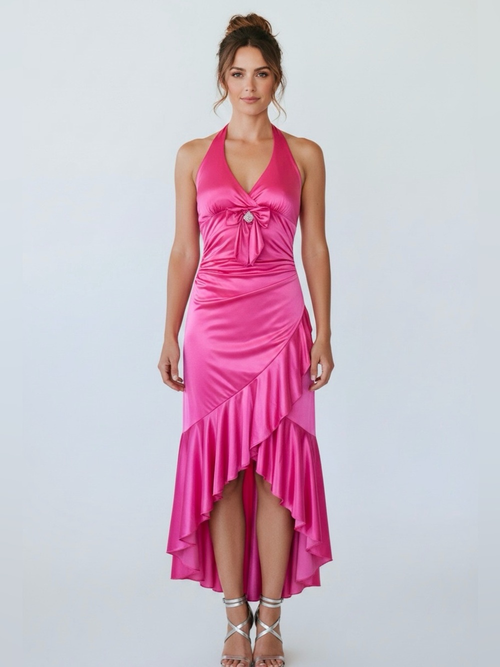 Vintage Y2K Pink Satiny Halter Hi Lo Dress with Rhinestone Bow XS S